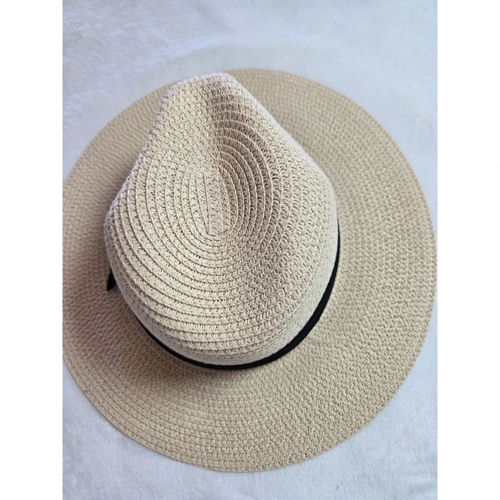 Beige Woven Straw Fedora Wide Brim Sun Hat with Black Ribbon Band Adjustable‎